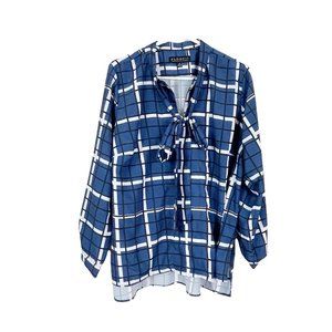 Eloquii Woman's Sz 18 Navy Blue and White‎ Window Pane Plaid Tie Neck Bow